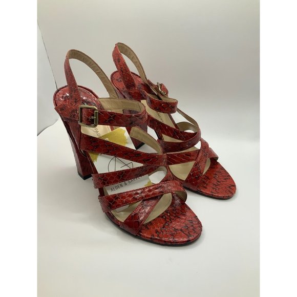 Paul Andrew Red & Black Snakeskin Leather Strappy Heels Size 40 (EU) 10 (US)